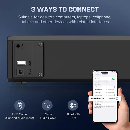 Vista 3 de Altavoces de computadora 2.1 para PC de escritorio, barra de sonido de computadora Bluetooth 5.3 con sonido de alta fidelidad, 7 modos de luz RGB