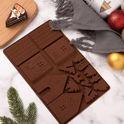 Vista 6 de Whaline Christams - Bandeja para hornear de casa de jengibre, moldes de silicona para postres, chocolate, dulces, galletas (2 piezas)