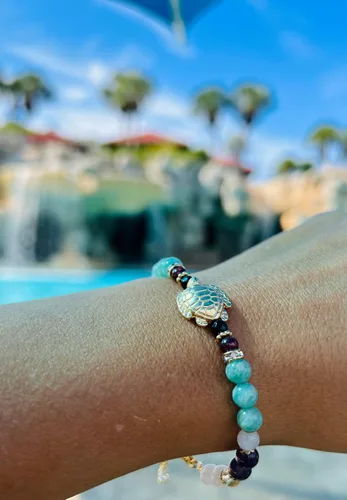 Vista 6 de Pulsera de fertilidad de tortuga fértil/piedras preciosas naturales cuarzo rosa, piedra lunar, amatista, cristal de roca, granate, ónix