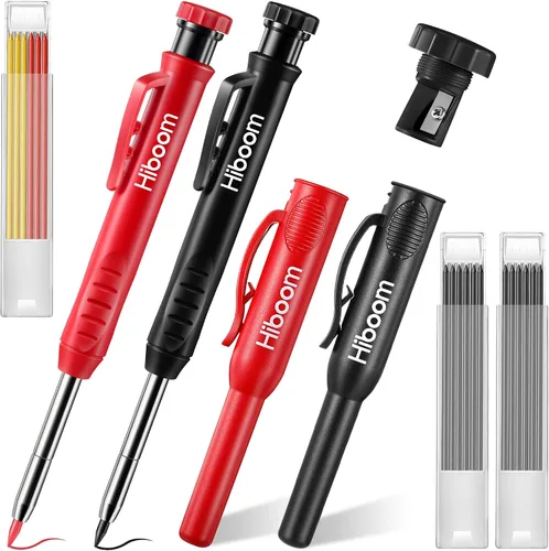 Vista 10 de Hiboom Paquete de 2 lápices de carpintero sólidos con 14 repuestos, marcador mecánico de punta larga con afilador integrado para carpintero