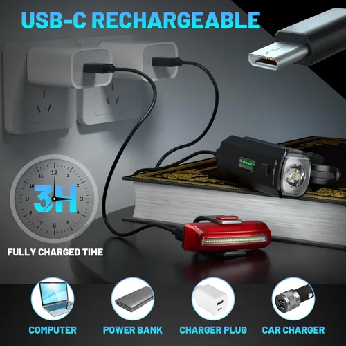 Vista 6 de APECYC Bike Lights USB-C Rechargeable Bicycle Front Headlight and Rear Taillight with 4+5 Light Modes, Waterproof Bike Light Set for Night Riding