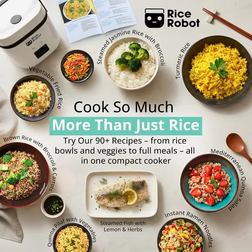 Vista 6 de Rice Robot - Arrocera personal, sin PFAS, antiadherente. Capacidad de 1 cuarto, con bandeja de vapor de acero inoxidable, tazas medidoras, libro