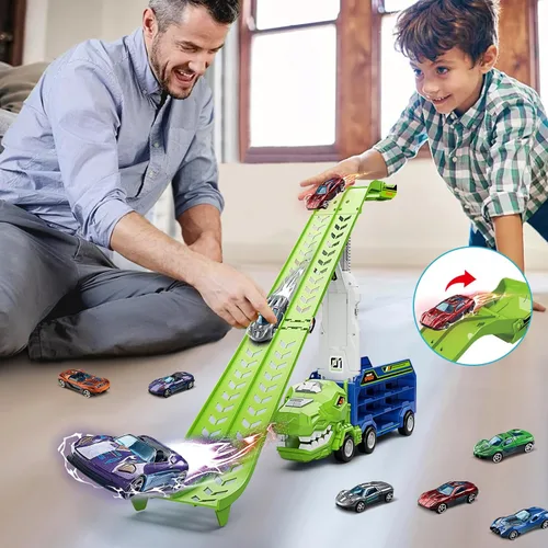 Vista 7 de Juguetes de camiones de dinosaurio para niños de 3, 4, 5, 6, 7, 8 años, juguetes de pista de carreras de camiones transportadores, juguete de coche