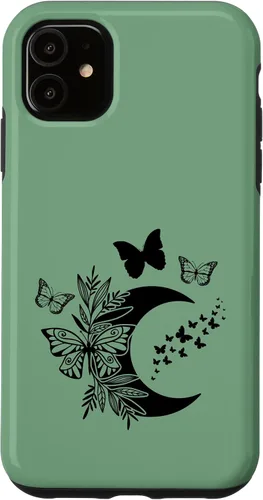 Vista 5 de Funda de bruja Wicca Wicca para iPhone 15, diseño de luna y mariposa, color verde salvia