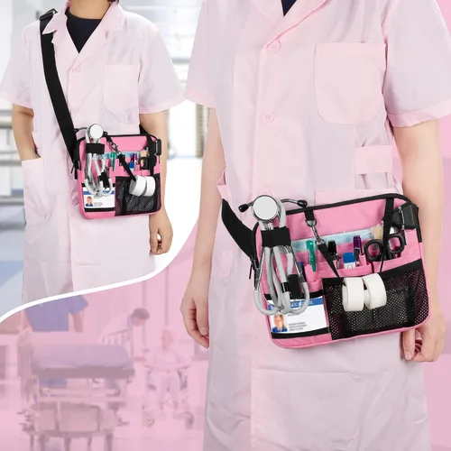 Vista 7 de Damero - Cangurera para enfermera con bolsillos para equipos médicos y soporte para cinta, color rosa