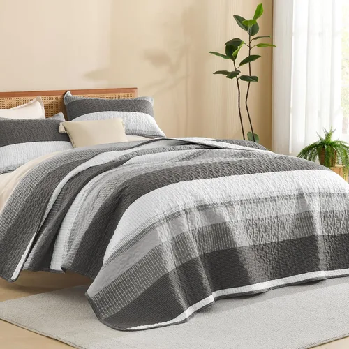 Vista 14 de Litanika Edredón tamaño Queen, juego de ropa de cama de 3 piezas a rayas 01 - Blanco y negro