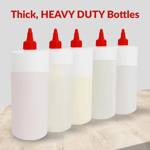 Vista 4 de Reli. Botellas de plástico para apretar, 24 onzas, paquete de 8, botellas exprimibles de condimentos para salsas, color blanco con tapa giratoria