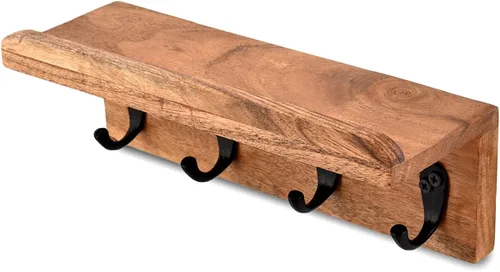 Vista 3 de NIRMAN Soporte rústico de madera de acacia para llaves para pared, estante de pared de granja con 4 ganchos para entrada, cocina de granja