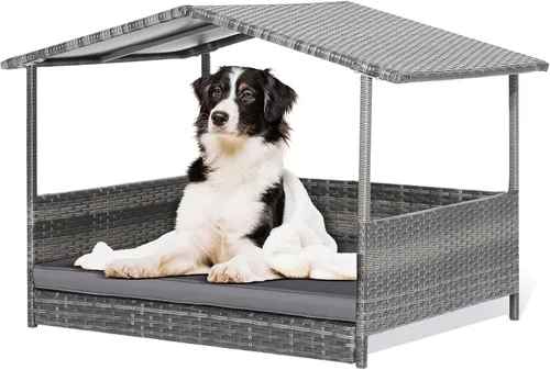 Vista 8 de Casa de cama de mimbre para perros, casas para perros de ratán de polietileno de alta densidad para interiores y exteriores, casa para mascotas