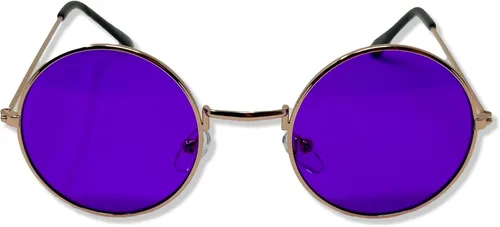 Vista 8 de Lentes de sol de John Lennon para fiesta. Lentes de sol redondos, hippie, con lentes de colores. Marco negro con lente azul
