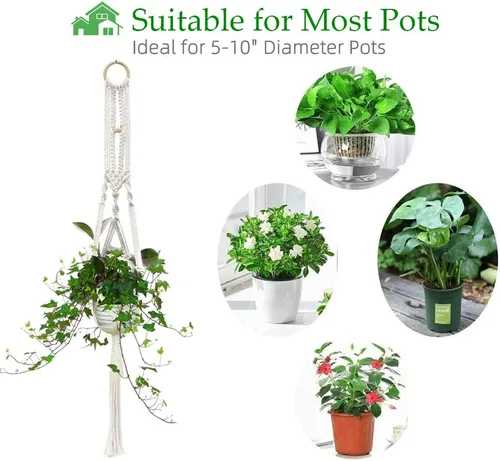 Vista 2 de Perchas de macramé para plantas hechas a mano, cuerda de algodón, soporte para macetas colgantes con temática bohemia para interiores y exteriores