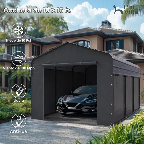 Vista 2 de PHI VILLA 10 x 15 Cochera metálica resistente con techo de acero galvanizado con kit de cierre lateral, cochera metálica robusta para autos, botes