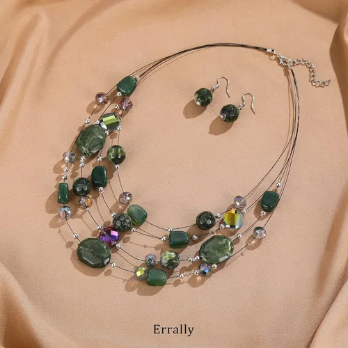 Vista 2 de Layered Chunky Beaded Necklace for Women Colorful Multi-Layer Statement Necklace and Earrings Set Gift for Her
