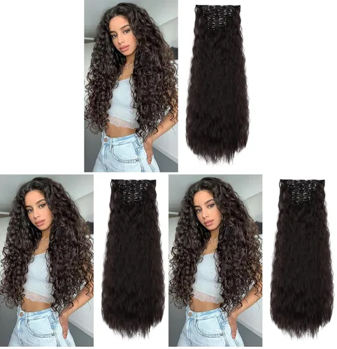 Vista 14 de Extensiones de cabello con clip, 6 unidades, extensiones de cabello largas con ondas de sirena, sintético, postizo para mujer, 24 pulgadas
