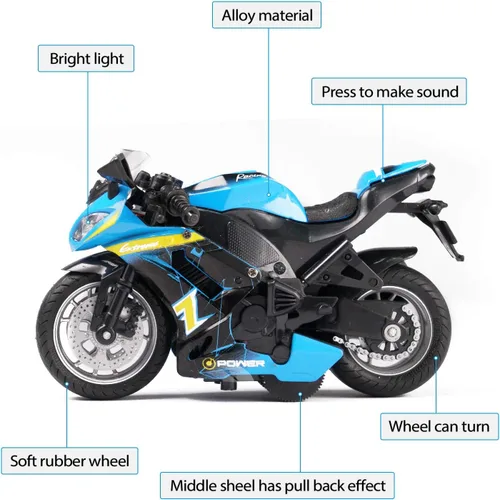 Vista 2 de Motocicleta de juguete - Vehículo de juguete tirador con sonido y luz, motocicletas de juguete para niños, juguetes para niños de 3 a 9 años (Azul)