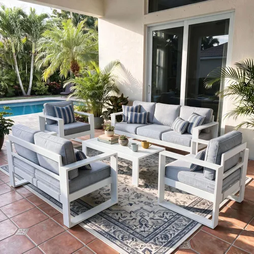 Vista 9 de LayinSun - Juego de muebles de patio de aluminio para exteriores de 4 piezas, sofá de conversación moderno de metal con mesa de café y cojines Negro