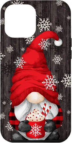 Vista 25 de iPhone 14 Pro Gnomo de Navidad rojo para mujeres con taza de cacao caliente lindo estuche de Navidad