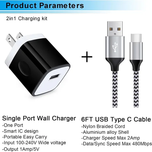 Vista 2 de Cargador de pared tipo C, bloque de carga de 5 V/1 A, enchufe de pared con cable USB C de 6 pies, cable de carga tipo C para Samsung Galaxy S26