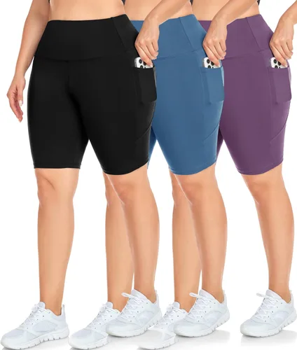 Vista 9 de NEW YOUNG Paquete de 3 pantalones cortos de ciclismo de talla grande con bolsillos para mujer, pantalones cortos de entrenamiento de cintura alta
