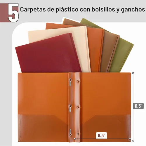 Vista 2 de Mr. Pen - Carpetas de plástico con bolsillos y puntas, paquete de 5, tamaño carta Colores de la tierra del otoño