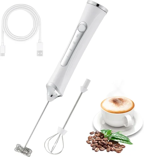 Vista 8 de Espumador de leche eléctrico de mano con 2 cabezas, batidor de café con espuma recargable por USB de 3 velocidades, licuadora de espuma para café