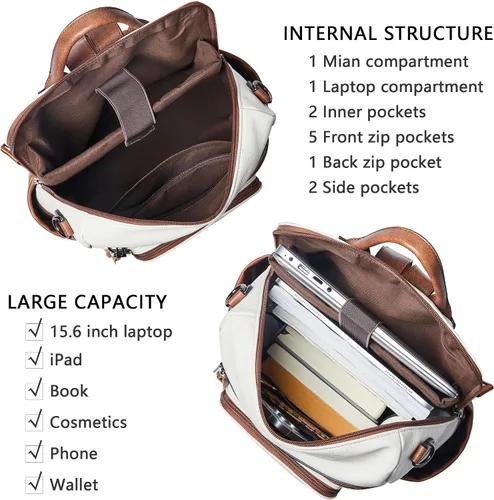 Vista 4 de Shrrie - Mochila vegana de cuero para laptop de 14 pulgadas para mujer, mochila de trabajo, mochila de moda, mochila de viaje, bolso para negocios