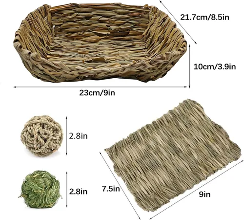 Vista 6 de Hamiledyi Cama de hierba de conejo, alfombrilla de heno natural hecha a mano, bolas masticables para conejo, chinchilla, conejillo de indias, hurón