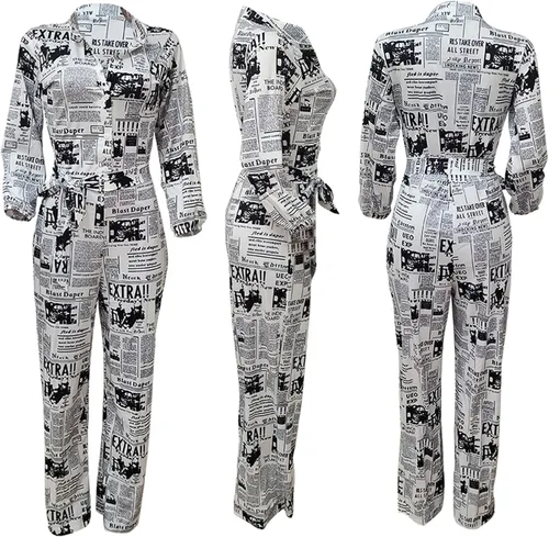 Vista 2 de XZLUFNY Mono de manga larga para mujer, elegante, cuello en V, pantalones largos rectos con cinturón de bolsillo