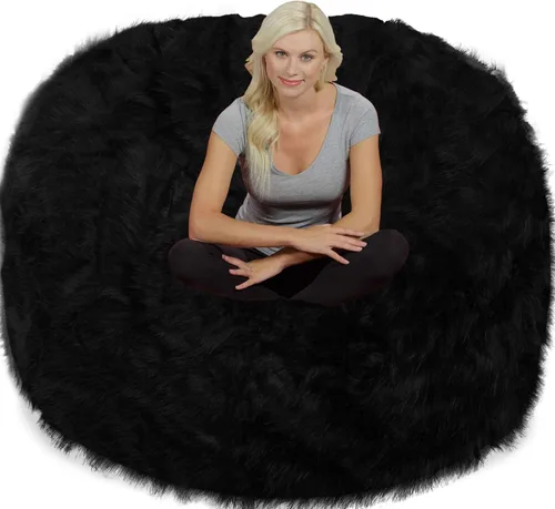 Vista 3 de Silla Chill Sack: Puff gigante de espuma viscoelástica de 6 pies. Sofá grande con funda suave de piel sintética de felpa, color negro.