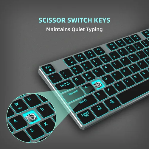 Vista 6 de POWZAN Teclado retroiluminado con cable para Windows/Mac, teclados delgados y silenciosos de aluminio de tamaño completo que se iluminan