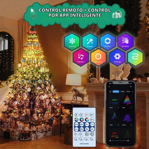 Vista 4 de Cadena de luces para árbol de Navidad con anillo, control remoto inteligente por aplicación, 200 LED