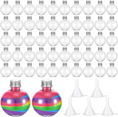 Vista 7 de Hsei 50 botellas de plástico para arte de arena y 5 mini embudos, botellas redondas transparentes de poción, tarros de dulces para licor, decoración