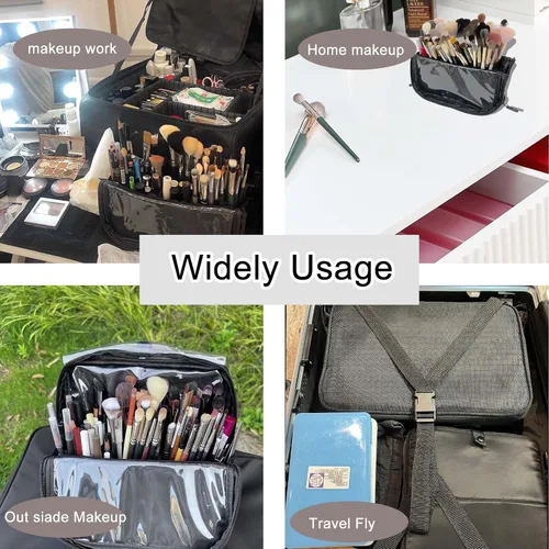 Vista 6 de Bolsa organizadora de brochas de maquillaje de viaje, soporte para brochas de maquillaje de pie con divisores ajustables, soporte para bolsa