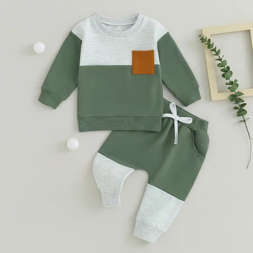 Vista 2 de Conjunto de 2 piezas para bebés, niños y niñas, sudadera con bloques de color y pantalones deportivos, ropa de otoño e invierno