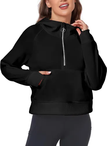 Vista 2 de FKEEP Half Zip Hoodies for Women Zipper Up Cropped Hooded Long Sleeve Athletic Pullover Tops with Thumb Hole
