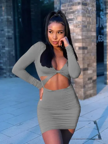 Vista 9 de XXTAXN - Vestido corto sexy para mujer con cuello en V profundo y manga larga