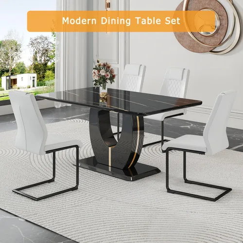Vista 3 de JUFU Moderno juego de mesa de cocina y comedor, mesa rectangular con parte superior de mármol sintético, 63 pulgadas, color negro, 4 sillas