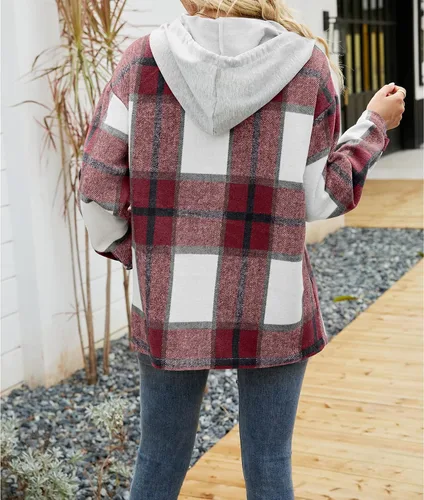 Vista 2 de Ainangua Chaqueta casual con capucha para mujer de gran tamaño de franela a cuadros mezcla de lana con botones color rojo talla L Rojo