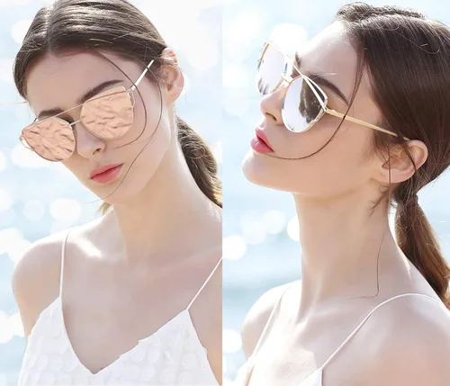 Vista 2 de Sunier Lentes planos con espejo de ojo de gato SR004 con marco de metal polarizado para mujer