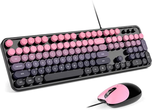 Vista 15 de MOFII Combo de teclado y mouse con máquina de escribir retro con cable, USB de tamaño completo Plug & Play para PC con Windows - Negro Azul