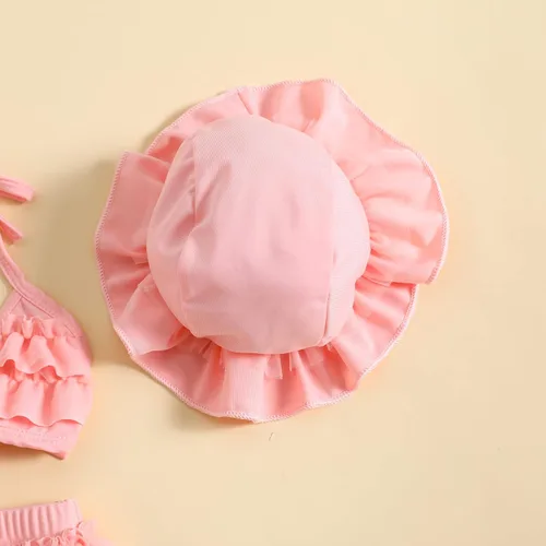 Vista 6 de Yccutest Traje de baño de flores para bebé, 3 piezas, parte superior triangular, parte inferior con volantes, sombrero para el sol, conjunto