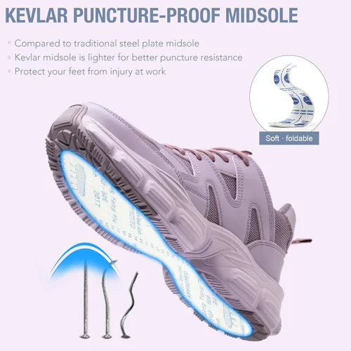 Vista 5 de Zapatos de seguridad para mujer y hombre, con puntera de acero, ligeros, transpirables, morados, negros, zapatos de trabajo, zapatos industriales