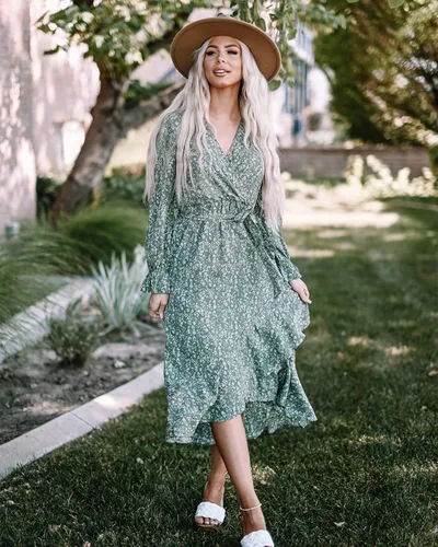 Vista 5 de BTFBM Vestido cruzado de manga larga para mujer cuello en V bohemio floral cintura alta con volantes 2023 primavera y verano maxi vestidos