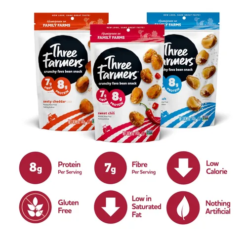 Vista 3 de Three Farmers Paquete variado de habas tostadas Cheddar picante, chile dulce y sal marina Paquete de 0.11 – 4.94 oz Sin gluten Vegano