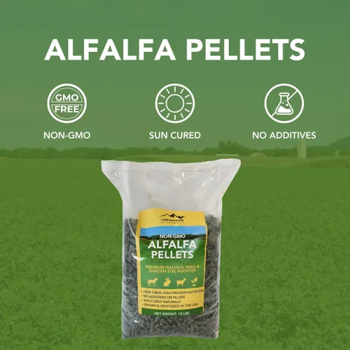 Vista 2 de Unearthed Pellets de alfalfa sin OMG – Alfalfa curada al sol 100% pura, sin aditivos ni rellenos Alimento premium para conejos, caballos, cabras