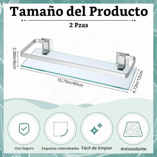 Vista 3 de Ripeng Estante de esquina de vidrio flotante de vidrio para baño, estantes de pared templados de aluminio, rectangular, a prueba de óxido