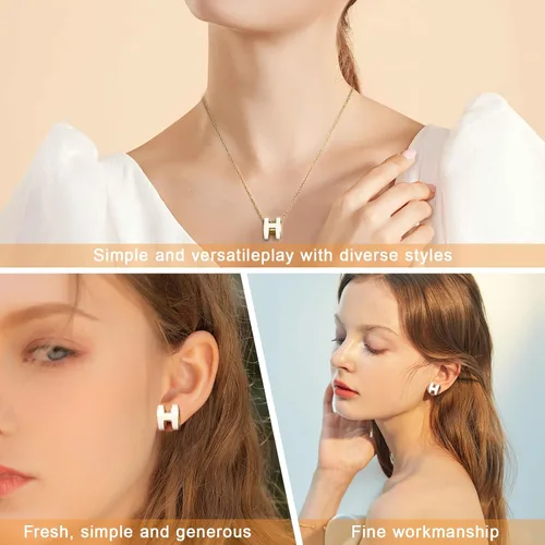Vista 7 de 2 Pieces of Necklaces for Women 18k Gold Plated H Necklace Earrings for Women Jewelry Set Girl Valentine's Day Birthday Gifts