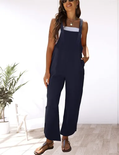 Vista 4 de Gozoloma Overol de lino y algodón holgado con dobladillo de pétalos para mujer, estilo casual y holgado