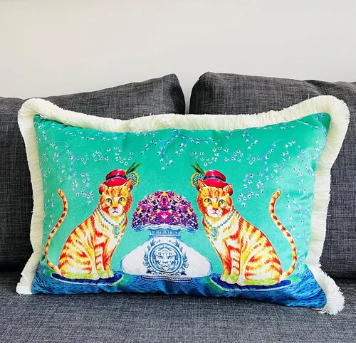 Vista 3 de Funda de almohada con patrón de gato amarillo, almohada de terciopelo turquesa, cojín de borla beige, almohada decorativa para decoración del hogar