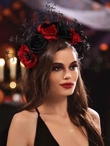 Vista 6 de Woeoe Diadema de Halloween FLower con diseño de araña, Día de los Muertos, diseño floral, para disfraz de murciélago y fiesta para mujeres y niñas